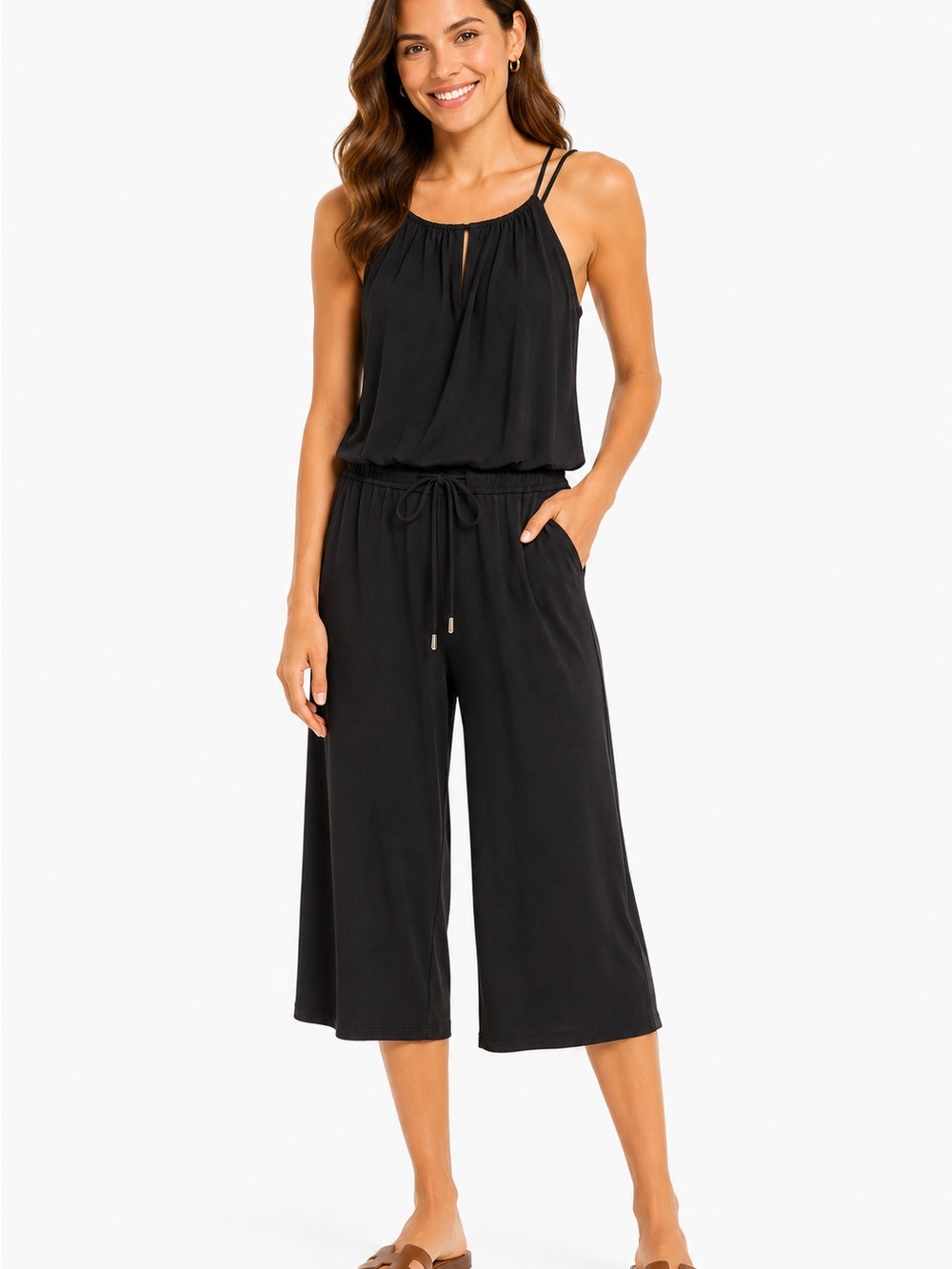 London Times Black Wide-Leg Cropped Jumpsuit with Drawstring